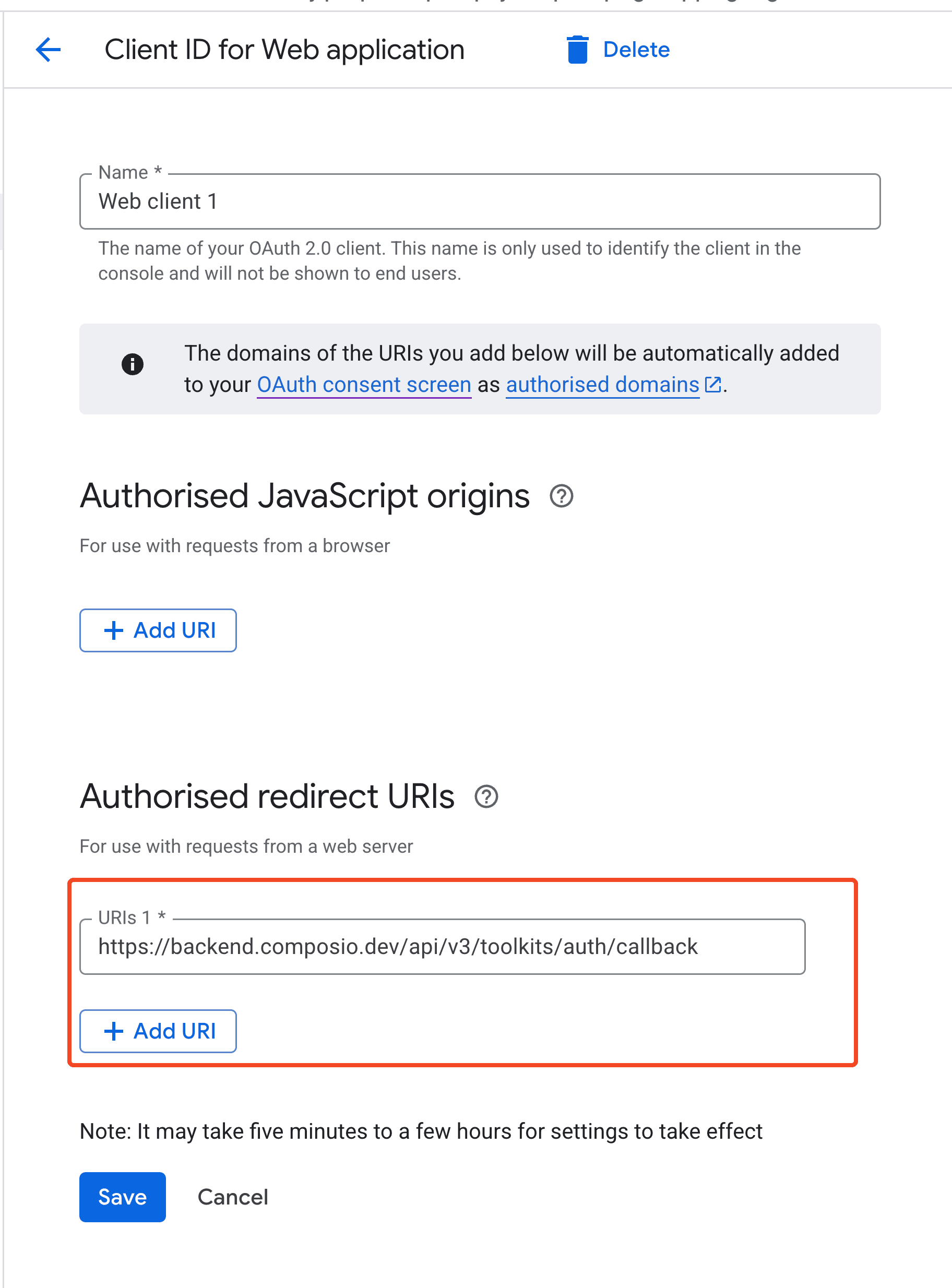Developer settings for Google OAuth2 app